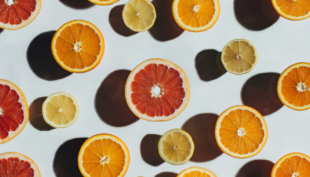 A bright and energetic abstract pattern composed of halved citrus fruit slices, including oranges, lemons, and red grapefruit. The slices are arranged sporadically on a clean white background, creati - Powered by Adobe