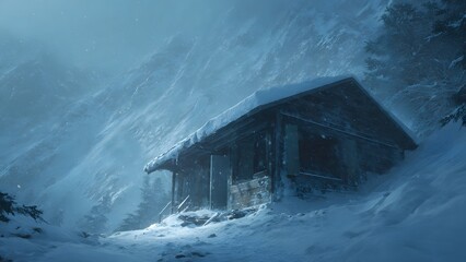 Snowstorm engulfing rustic cabin in snowy mountain wilderness, winter landscape view, isolated wooden shelter in cold environment