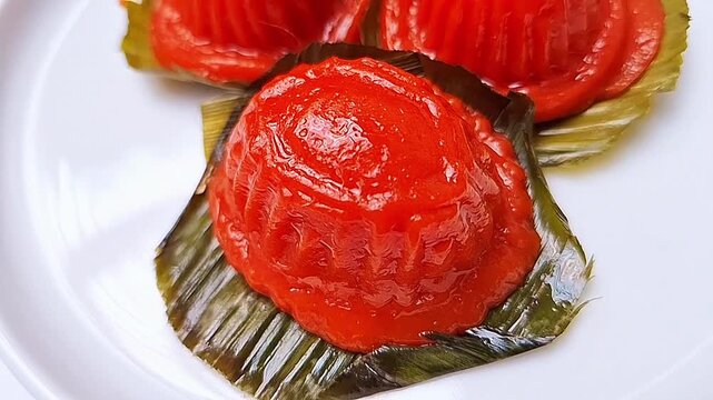 Ang Ku Kueh are steamed red tortoise-shaped cakes traditionally served with red eggs and mandarin oranges during a baby's full-month celebration.