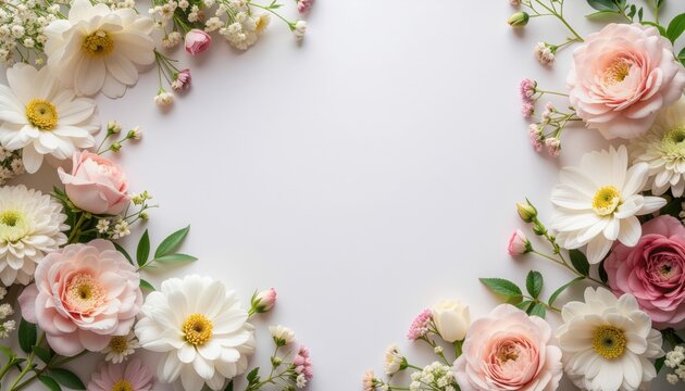 Delicate floral arrangement studio setting image composition natural light overhead view elegant design for wedding invitations or greeting cards