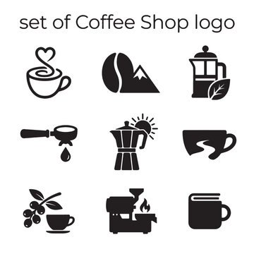Versatile set of black and white coffee shop logo icons in minimalist vector style, perfect for cafe branding or web design.