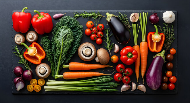 Fresh vegetables and herbs arranged on a dark slate background for healthy eating