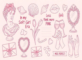 Coquette aesthetic pink elements set