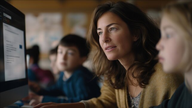 A teacher hosting an educational livestream with colorful graphics popping on-screen as kids type questions into the chat — remote learning, digital classroom vibes, and kid-friendly livestream - Powered by Adobe