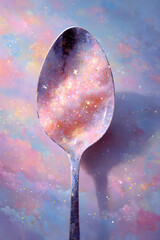 A metallic spoon reflects a dazzling, glittery nebula of pink, purple, and gold against a dreamlike, cloudy sky