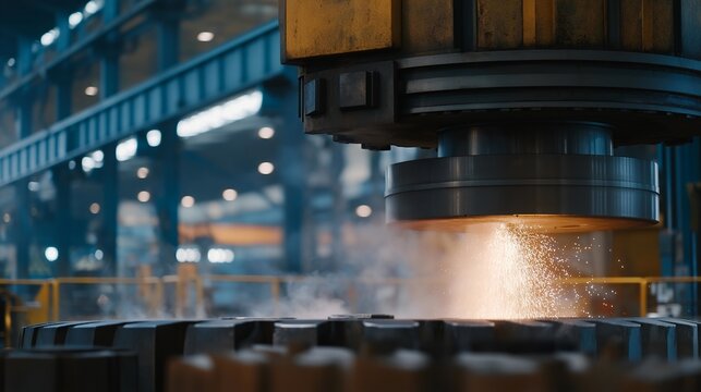 An industrial gear press forging large steel gears in a manufacturing plant, sparks and steam rising as powerful hydraulic machines shape heavy-duty components — heavy industry engineering, metal