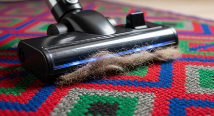 Fototapeta na wymiar Vacuum cleaner on colorful carpet removing pet hair for clean home environment. Vacuum carpet is effective for asthma-friendly living by eliminating allergens and maintaining cleanliness.