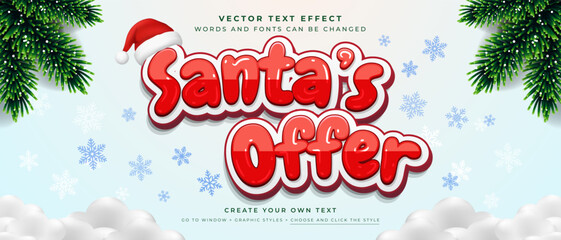 Obraz premium Santa Offer red bubble text effect with Santa hat, pine branches, and snowflakes