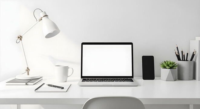 Minimalist workspace setup featuring a laptop lamp and office supplies on a desk