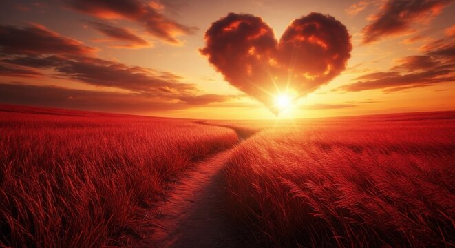 Heart shaped cloud over red field at sunset