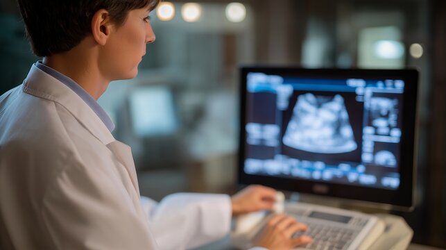A cardiac sonographer performing an echocardiogram, carefully navigating the probe along the ribcage as heart valves and chambers pulse rhythmically on the screen — cardiac imaging, non-invasive