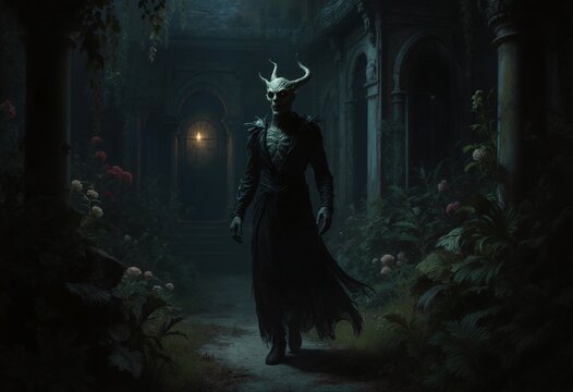 An eldritch creature wandering the decadent garden of an abandoned Victorian mansion, oil painting