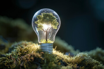Small glowing tree sprouts in Incandescent light bulb on a pile of green moss in the forest. Concept of clean energy, nature conservation and environmental ideas. Copy space.