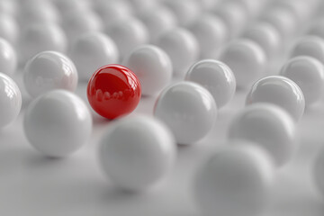 A single glossy red sphere stands prominently among a large group of identical white spheres. Shallow depth of field creates focus. Idea of singularity, innovation, and prominence.