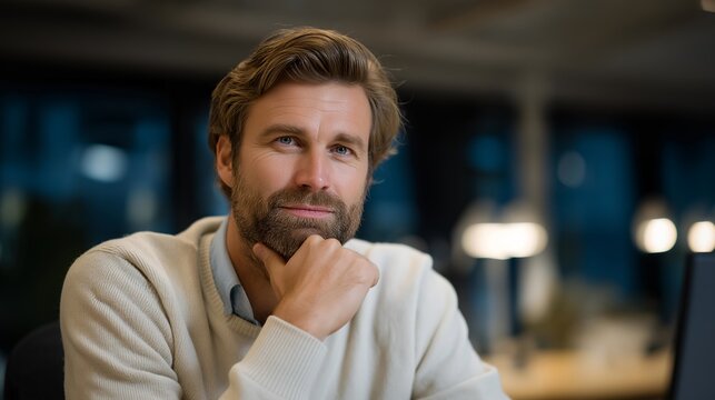 A new manager sitting at their upgraded desk for the first time, adjusting their nameplate and taking a reflective breath before leading their inaugural team meeting — leadership milestone,