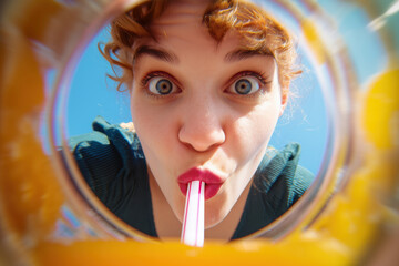 Young woman with wide eyes looks down a bottle neck, sipping orange juice through a straw. Fisheye perspective, bright daylight. Summer fun, refreshing drink, unusual angle concept