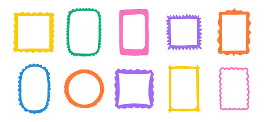 Cute square, oval and rectangle frames, scallop edges. Squiggle photo borders. Wiggly groovy shapes, funny geometric text box. Vector set