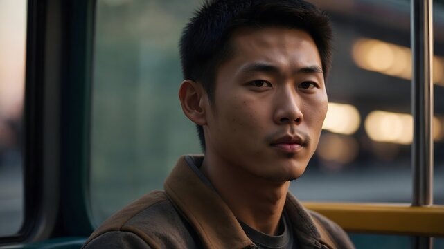 Retrato de hombre joven en transporte p&uacute;blico al atardecer con expresi&oacute;n seria y fondo urbano desenfocado