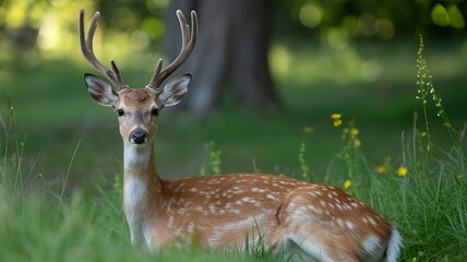Spotted deer resting in a grassy field with a tree in the blurred background