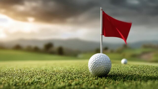 Golf Ball on Green Grass Near Red Flagstick with Blurred Mountain Background During Golden Hour with Dramatic Clouds