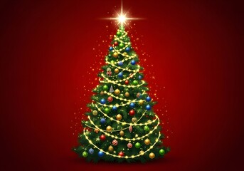 Beautifully decorated Christmas tree with glowing lights and colorful ornaments against a rich red background, perfect for festive holiday designs.

