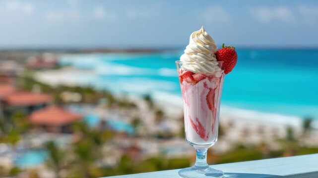 Delicious Strawberry Sundae With Whipped Cream and Fresh Berry Topped With A Whole Strawberry Garnished With A Single Red Strawberry Served In A Tall Glass With A Blurred Tropical Beach