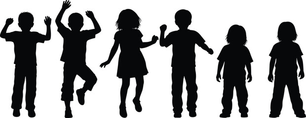 Silhouettes of children jumping dancing and posing in energetic playful positions representing childhood joy activity motion movement and expressive body gestures in vector illustration