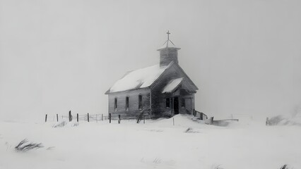 Winter Snowstorm Surrounding Isolated Wooden Church in Rural Landscape, Aerial View of Historic Architecture in Harsh Environment