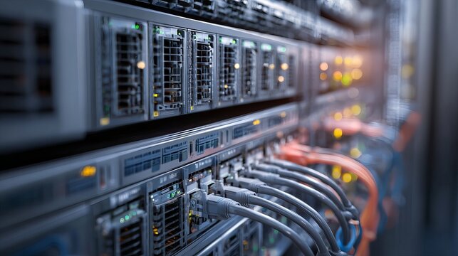 Powerful data servers running in a modern network infrastructure for cloud computing and digital transformation, demonstrating advanced technology, systems, and security