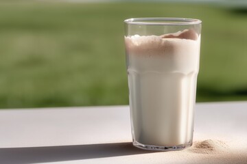 A glass of creamy white protein shake with foam stands on a white table. Blurred green grass background. Nutrition, fitness supplement, natural and pure health aesthetic.