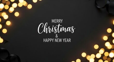 Elegant merry christmas and happy new year greeting on dark background with bokeh lights