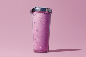 A pink berry smoothie in a transparent shaker cup with a chrome lid stands against a monochromatic pink background. Nutrition, health, fitness supplement. Copy space.