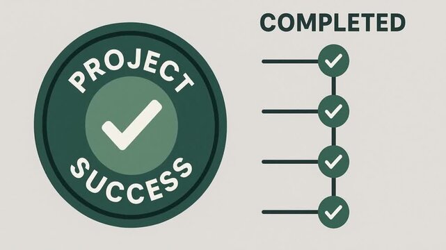 Successful project management timeline concept. Project success badge with checkmarks indicating completion.