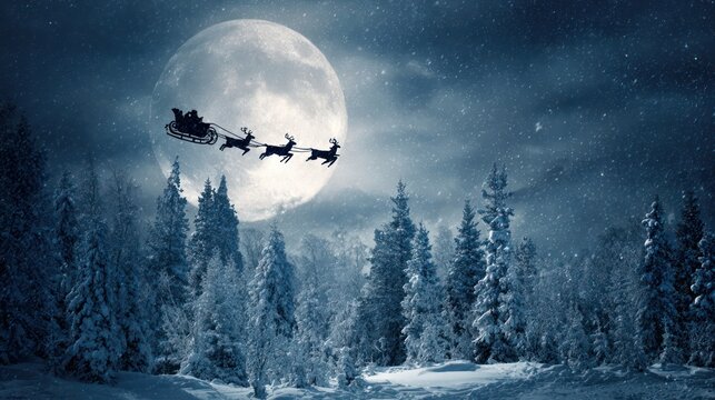 Festive winter night with Santaa??s sleigh in flight over snow-covered trees beneath a radiant full moon