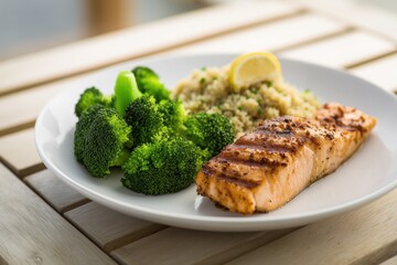 A grilled salmon fillet, fresh broccoli florets, and quinoa with a lemon slice are served on a white plate. The meal sits on a wooden slatted table. Healthy diet, protein, nutritious food concept.