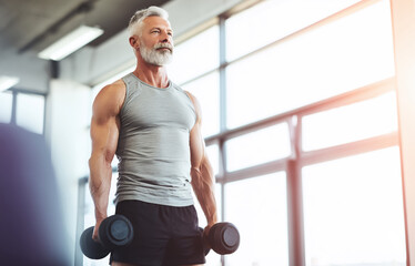A focused gray-haired man with a beard performs a dumbbell exercise in a bright gym, looking out large windows. Fitness, strength, athletic training for senior and mature. Place for signature.