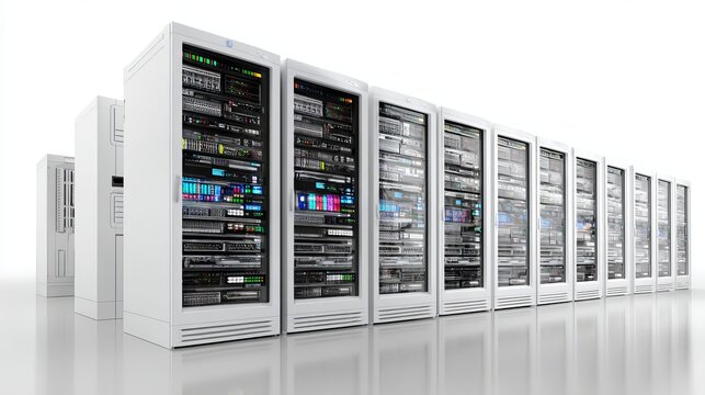 Modern server room featuring advanced data storage and networking infrastructure in a clean, white environment perfect for showcasing technology solutions