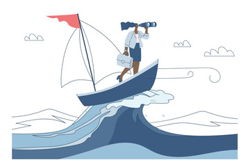 A businesswoman using binoculars on a boat in the ocean, Symbolizing leadership, Long-term vision, Flat vector.