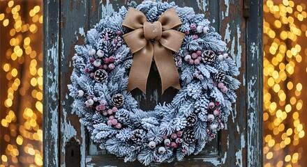 Obraz premium Festive Winter Wreath with Pinecones and Bow on Rustic Door with Blurred Holiday Lights Background