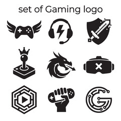 Fototapeta premium Dynamic Gaming Logos Vector Icons Set in Black, featuring Controller, Headset, VR, and Esports elements, perfect for modern Game branding and digital design.