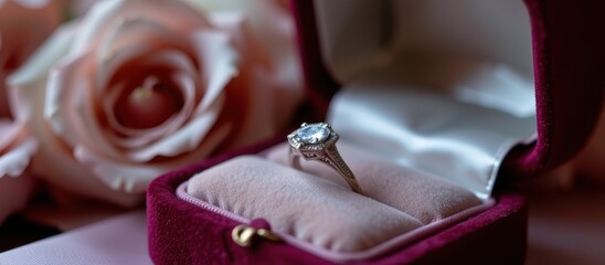 Sparkling engagement ring in velvet box beside a delicate pink rose.