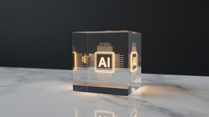 A glowing AI microprocessor symbol encased within a transparent glass cube on a marble surface.