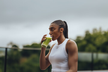 Athletic Black woman with braided hair sips a green protein shake from a glass outdoors. Fitness nutrition, healthy lifestyle, vitality aesthetic. Copy space.