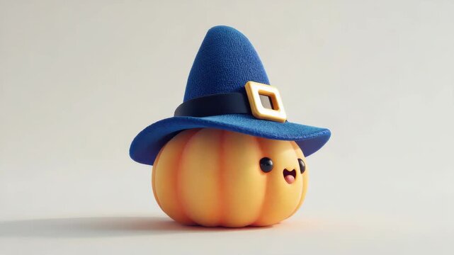 Orange Pumpkin Wearing A Blue Textured Witch Hat With Yellow Buckle On A Plain Light Gray Background With Soft Shadow