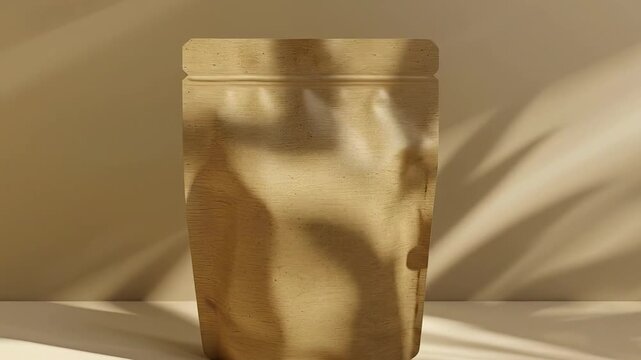 A textured brown stand-up pouch mockup on a neutral surface with soft dappled shadows cast across it and the background