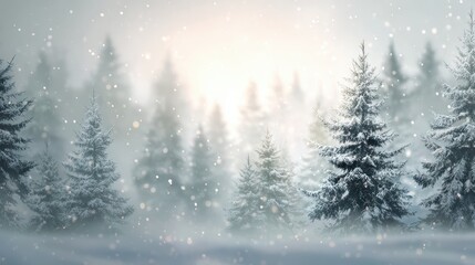 Winter wonderland scene with snow-covered fir trees and falling snowflakes