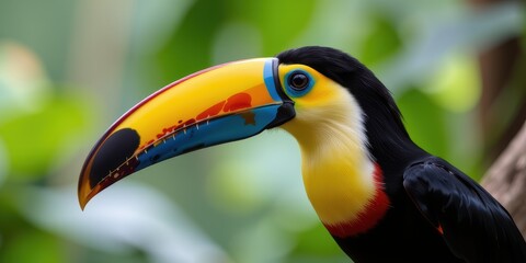 Naklejka premium Colorful toucan with a large beak perched amidst lush green foliage.