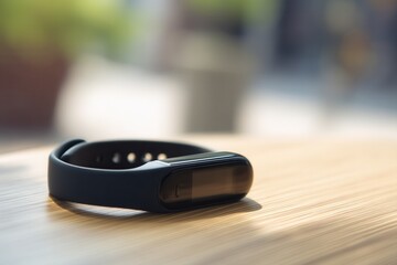 A black fitness tracker rests on a wooden surface. The device features a digital display and a sleek design, ideal for health monitoring and activity tracking.
