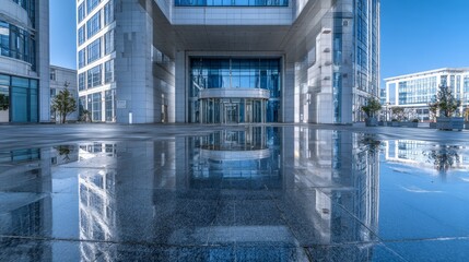 Empty shopping center entrance with modern glass facade reflecting urban architecture and nearby commercial buildings, featuring clean exterior space and a bright contemporary city environment