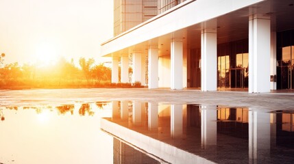 Empty shopping center entrance with modern glass facade reflecting urban architecture and nearby commercial buildings, featuring clean exterior space and a bright contemporary city environment